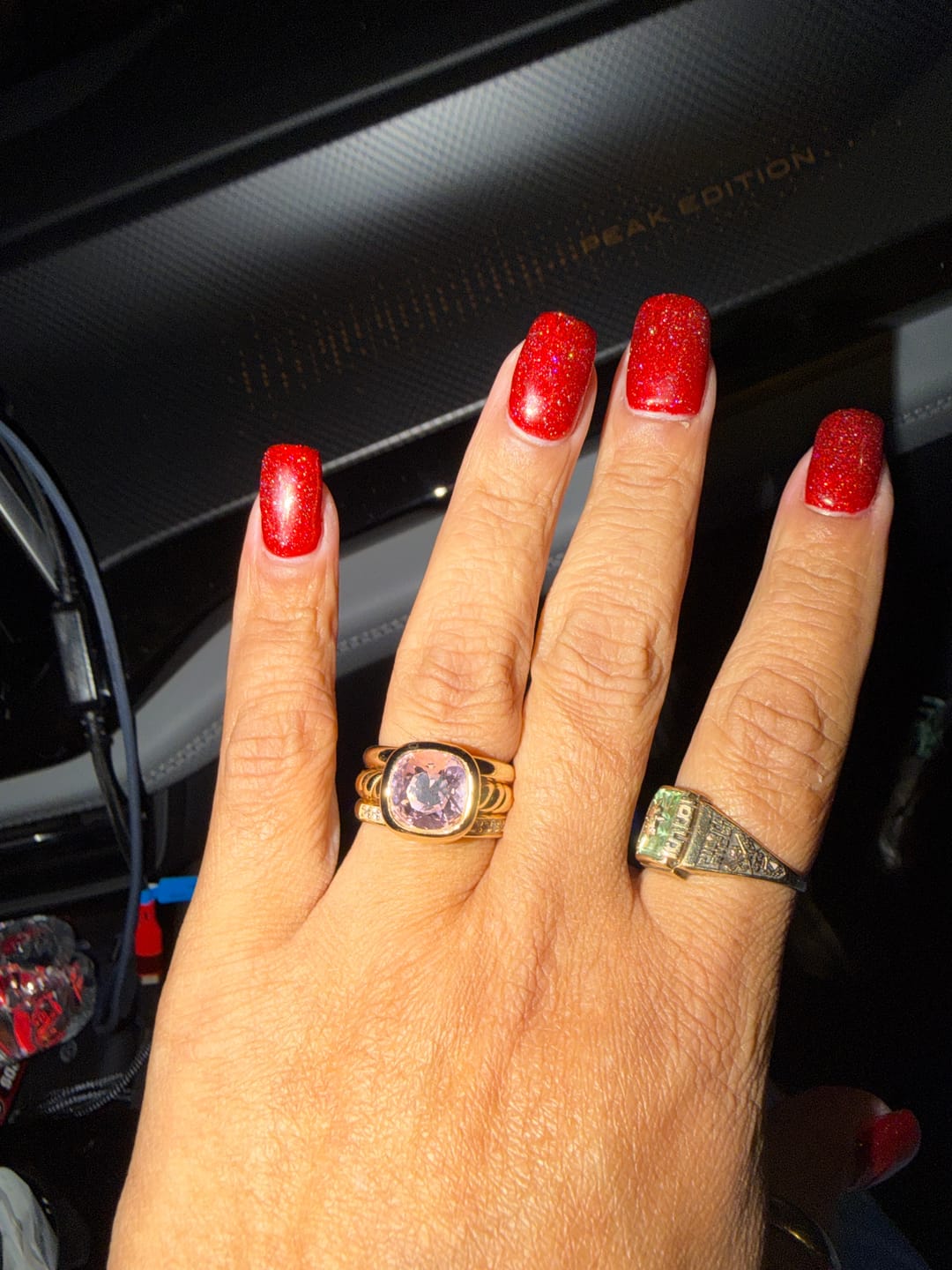 Customer photo review of Created With Swarovski® Crystals - Cushion Modified Brilliant Cut Fancy Vivid Pink Classic Stackable Rings Set 14K Yellow Gold Plated