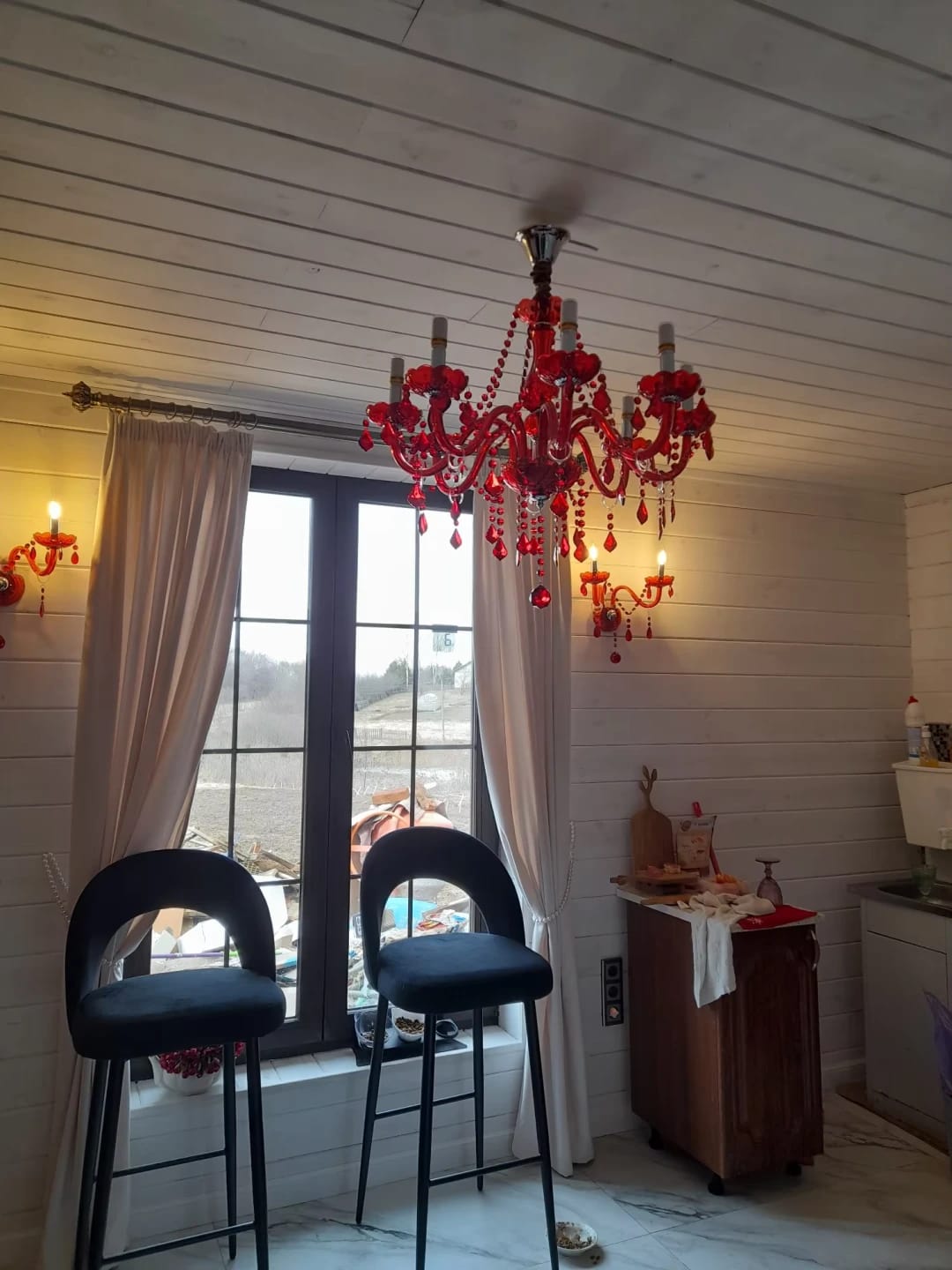 Customer photo review of Red Crystal Chandelier, Candle-Style Lights, Faceted Drops, LED
