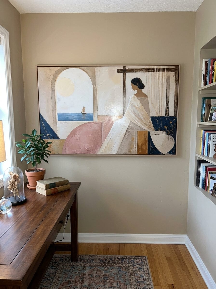 Customer photo review of "Harbor Reverie" - Minimalist Seated Woman & Sailboat | Beige Pink & Navy Mediterranean Coastal Wall Art