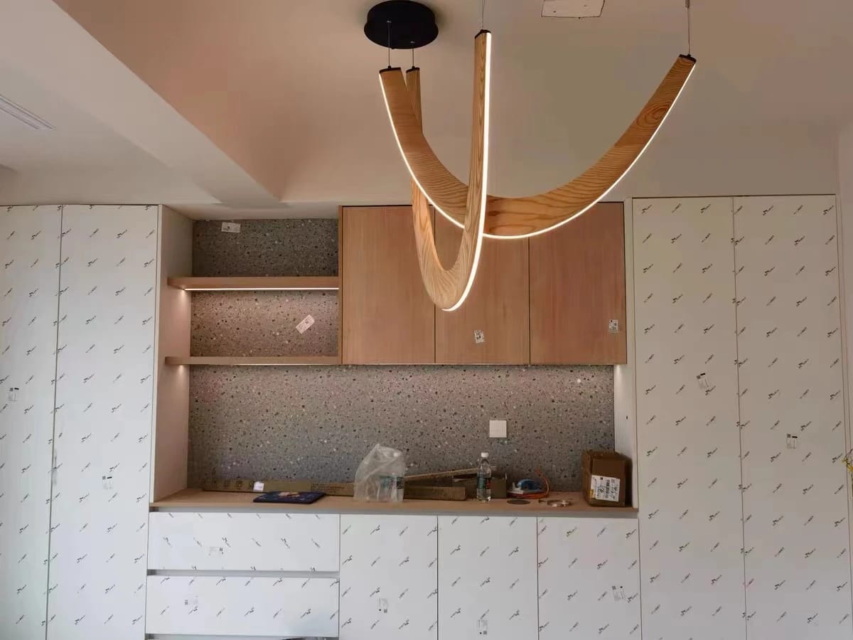 Customer photo review of Wood Chandelier, Solid Oak Boomerang Loops, Metal Frame, 92 cm