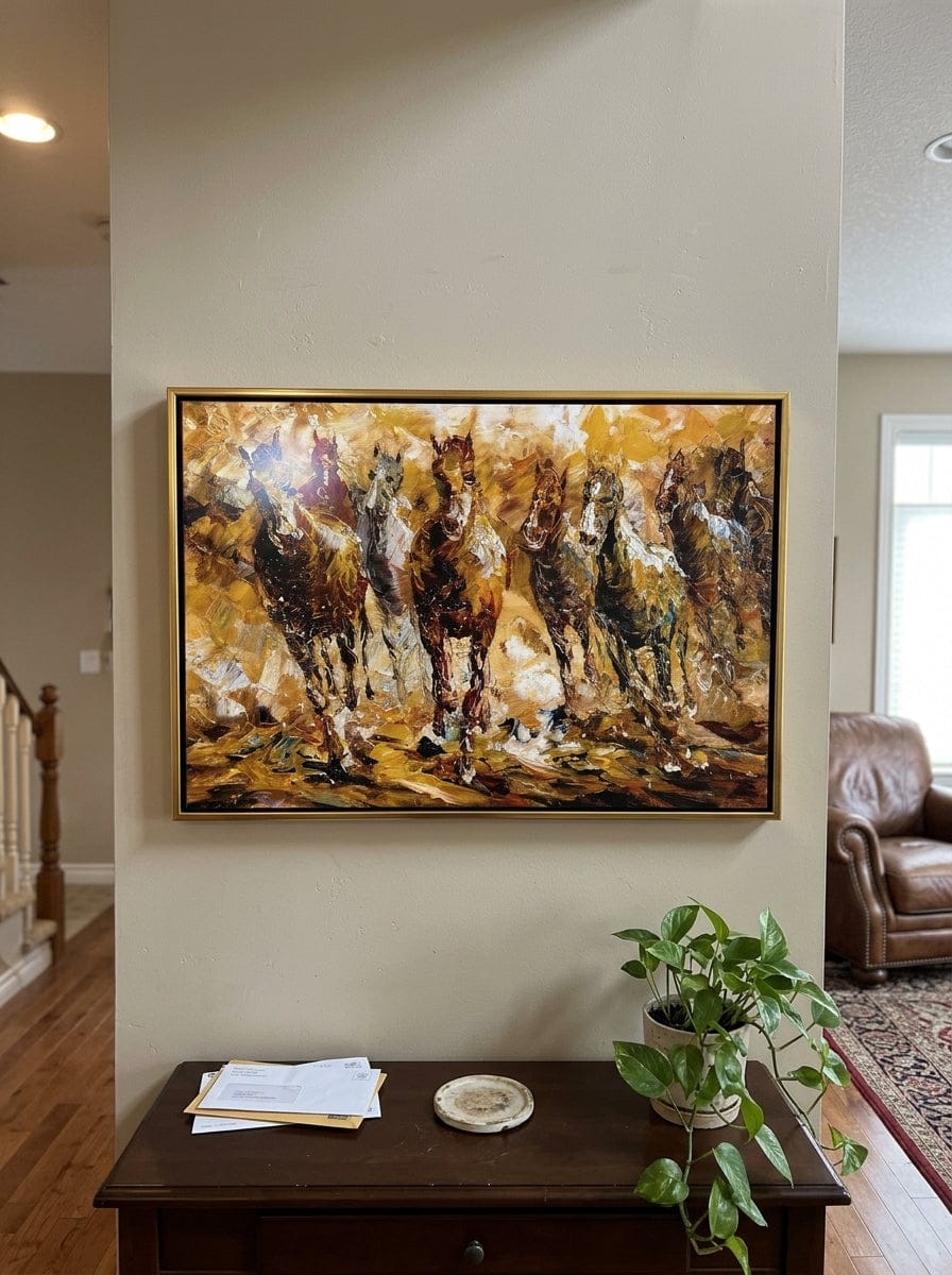 Customer photo review of "Golden Gallop" - Colorful Impasto Horse Herd Painting | Brown Gold & White Equestrian Wall Art