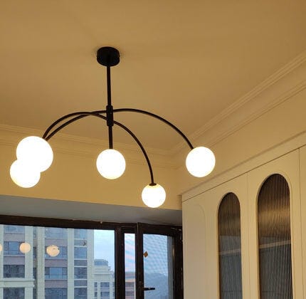 Customer photo review of Globe Chandelier, Five Frosted Glass Globes, Curved Arms, 117 cm