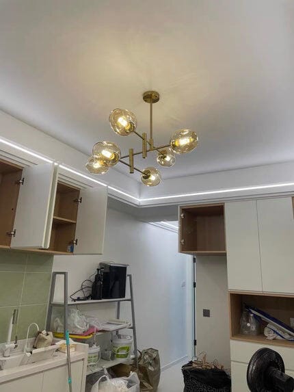 Customer photo review of Glass Globe Chandelier, Gold Finish Frame, Hardwired, Iron