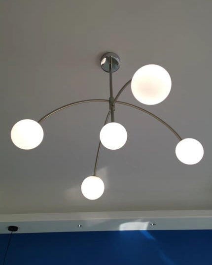 Customer photo review of Globe Chandelier, Five Frosted Glass Globes, Curved Arms, 117 cm