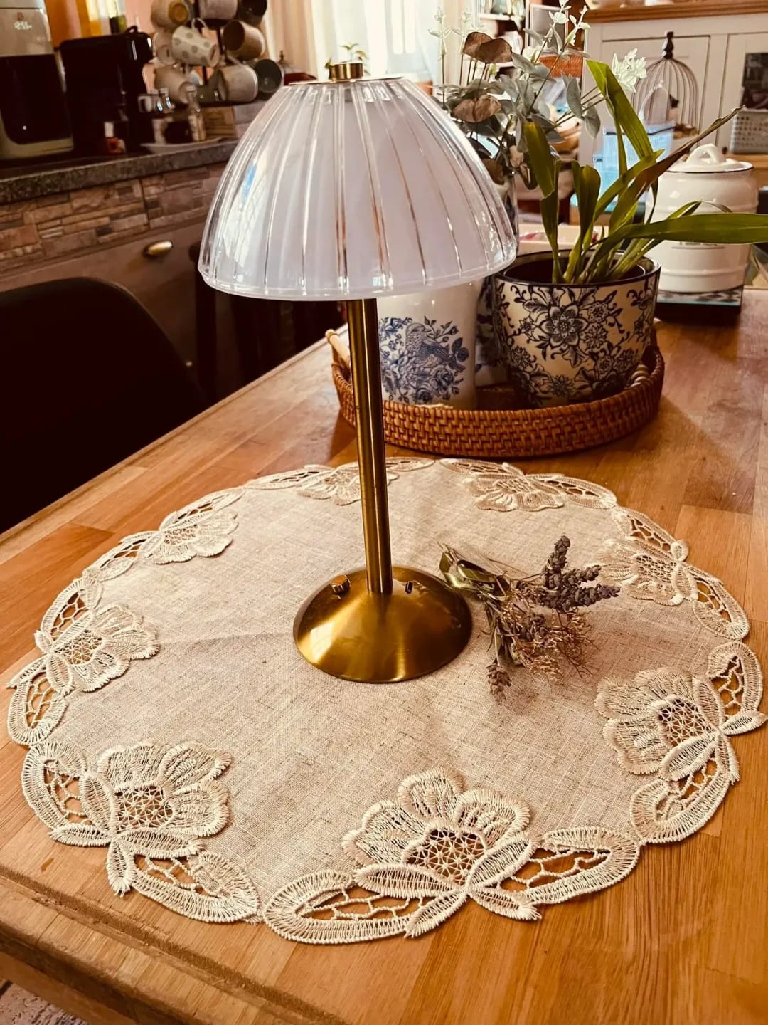 Customer photo review of Cordless Table Lamp, Pleated Crystal-Look Dome, Gold Frame, 30 cm