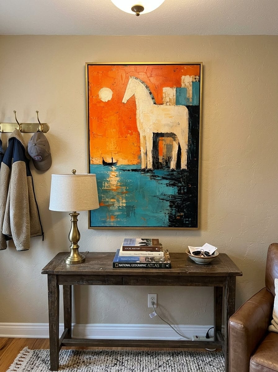 Customer photo review of "Ember Passage" - Textured White Horse & Boat | Orange Teal Mediterranean Animal Statement Art