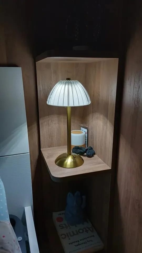 Customer photo review of Cordless Table Lamp, Pleated Crystal-Look Dome, Gold Frame, 30 cm