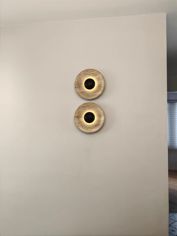 Customer photo review of Round Yellow Travertine Wall Light, Wood Base, Wall Sconce, 25 cm
