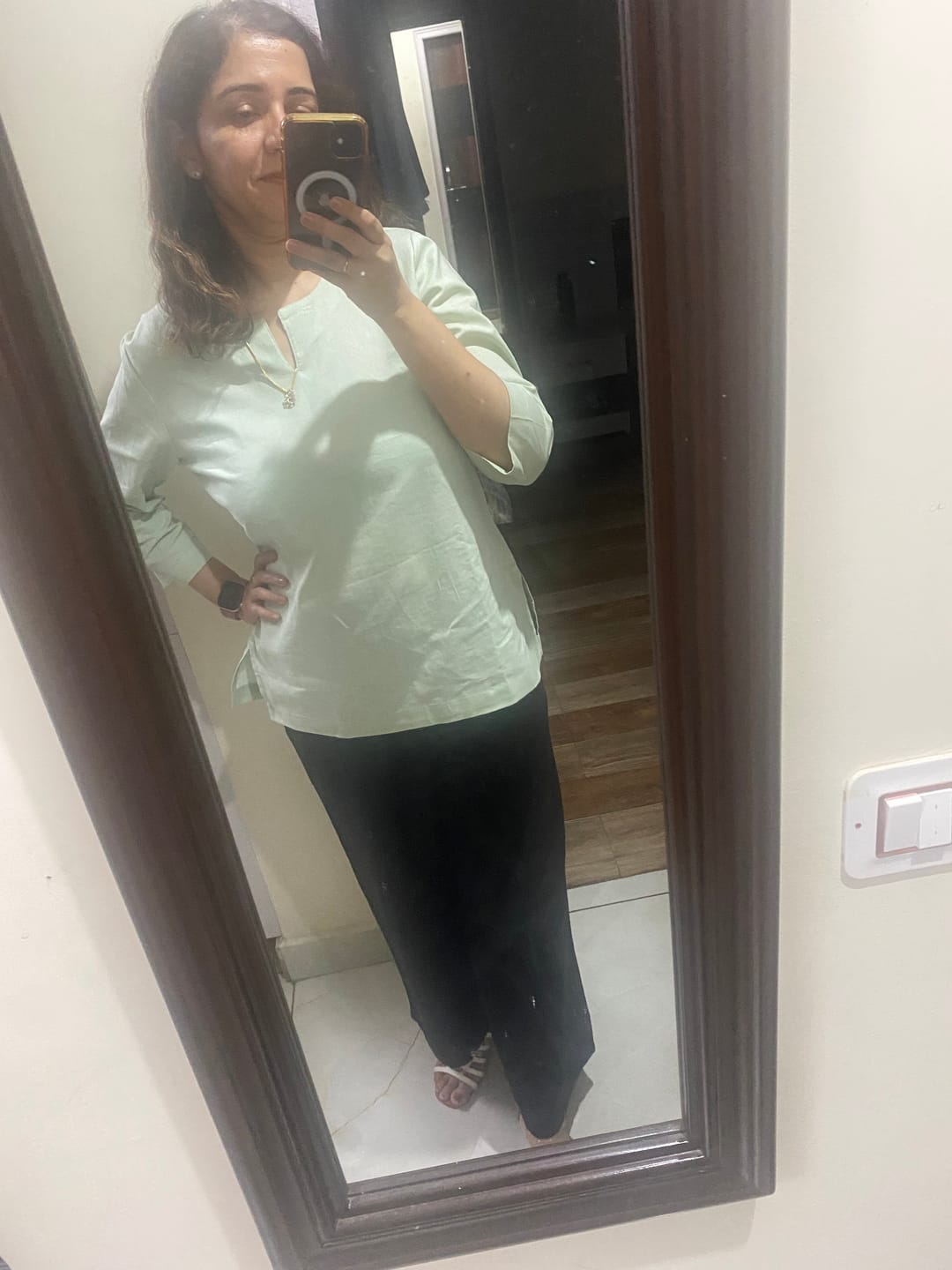 Customer photo review of Women Mint Green Airy Linen Split Neck Short Kurta