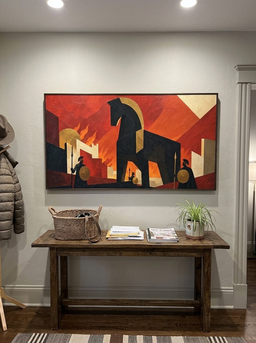 Customer photo review of "The Trojan Gate" - Contemporary Trojan Horse Art | Red Black & Gold Greek Mythology Statement Painting