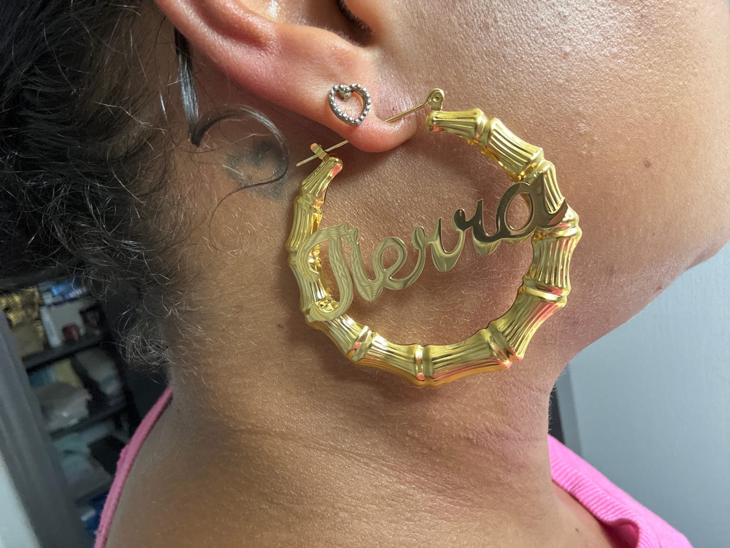 Customer photo review of Bamboo Name Hoop Earrings