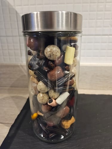 Customer's Autumn Liquorice Bundle mixed in a clear glass storage jar with a metallic lid