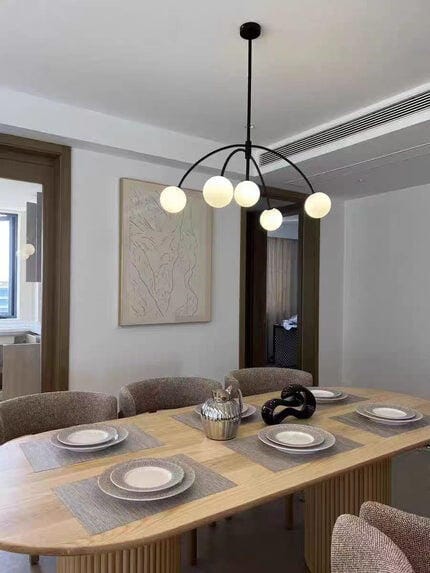 Customer photo review of Globe Chandelier, Five Frosted Glass Globes, Curved Arms, 117 cm