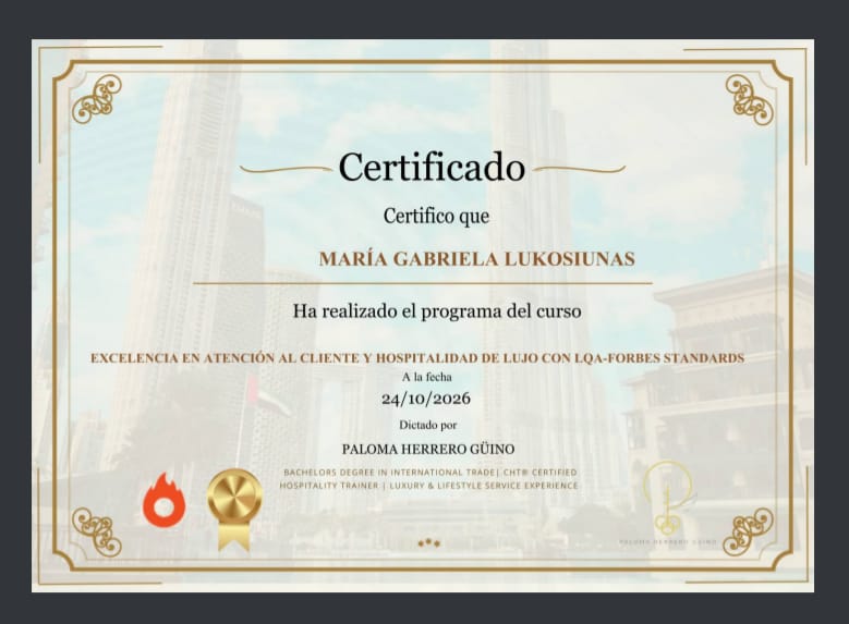 Customer photo review of Formación - Excelencia en Atención al Cliente y Hospitalidad de Lujo con LQA & Forbes Standards