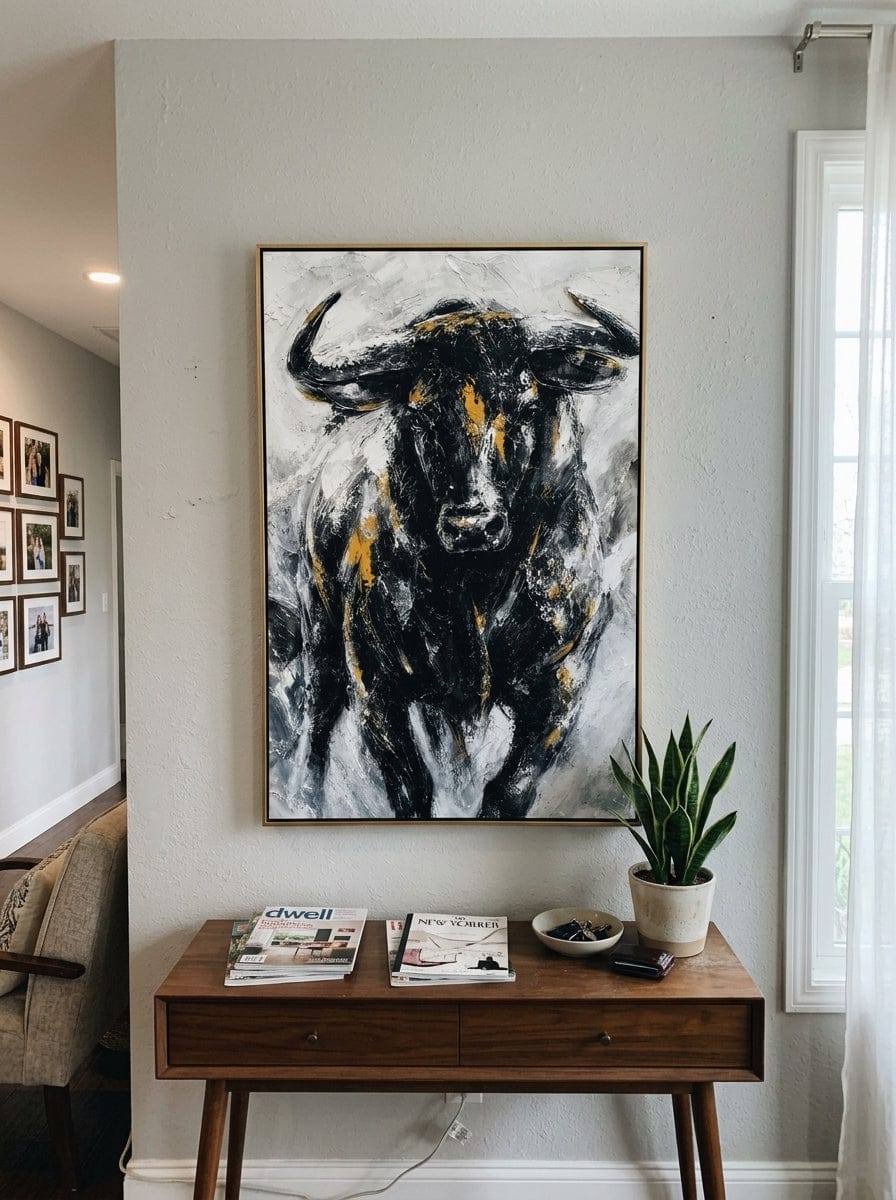 Customer photo review of "Iron Buffalo" - Black White & Gold Textured Buffalo Portrait | Vertical Animal Wall Art