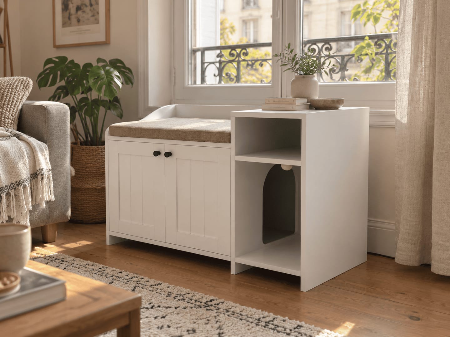 Customer photo review of Meuble cache-litière avec rangement latéral — Hylle
