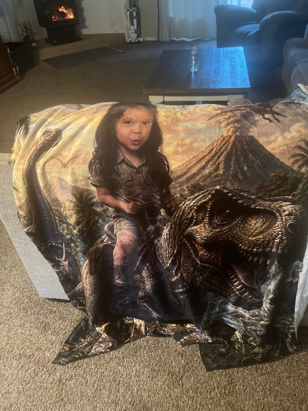 Customer photo review of Personalized Dinosaur Blanket | Their Photo, Their Adventure