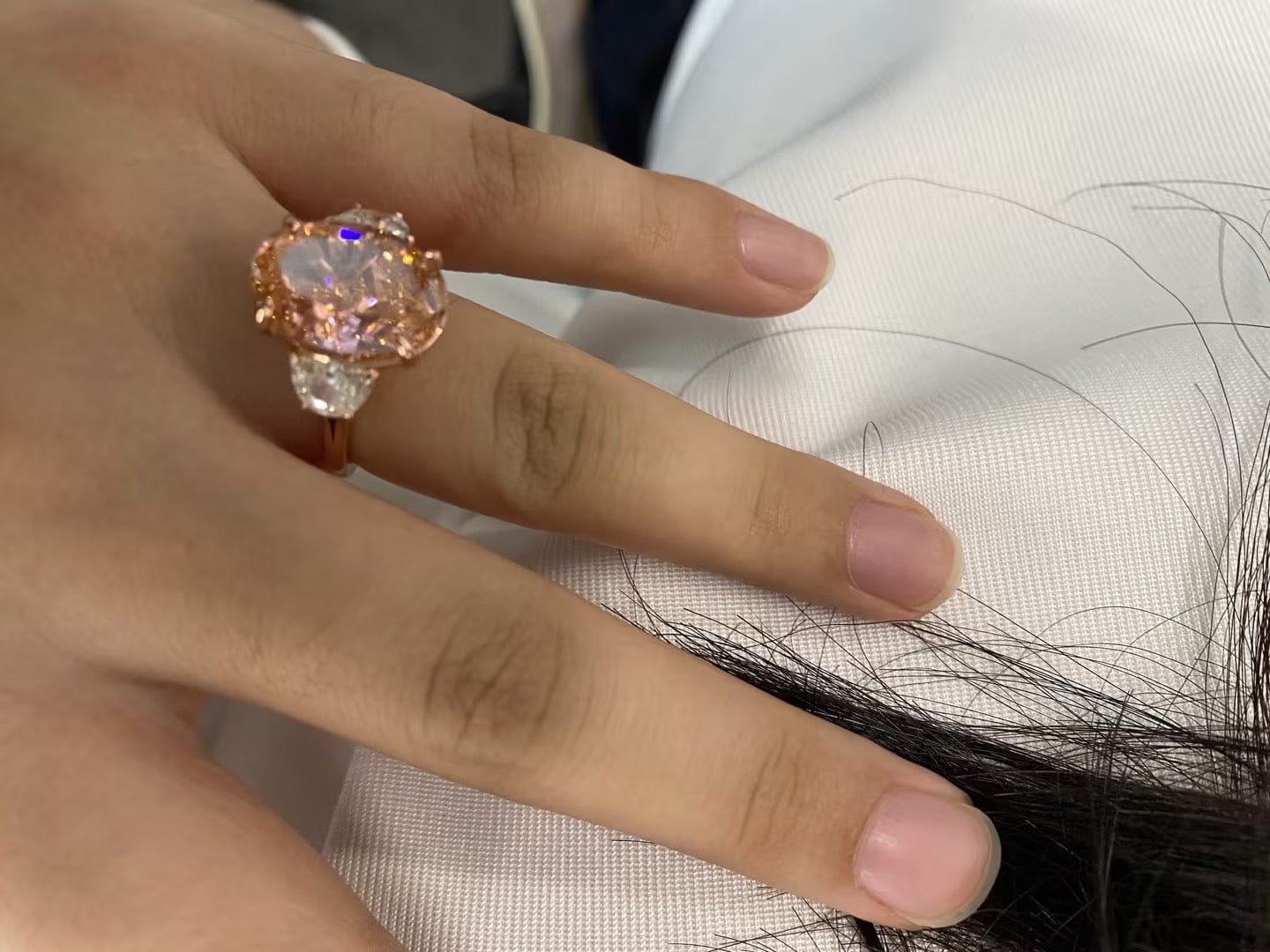 Customer photo review of 5.5Ct Pink Oval Cut Three Stone Engagement Ring Travel Ring In Sterling Silver