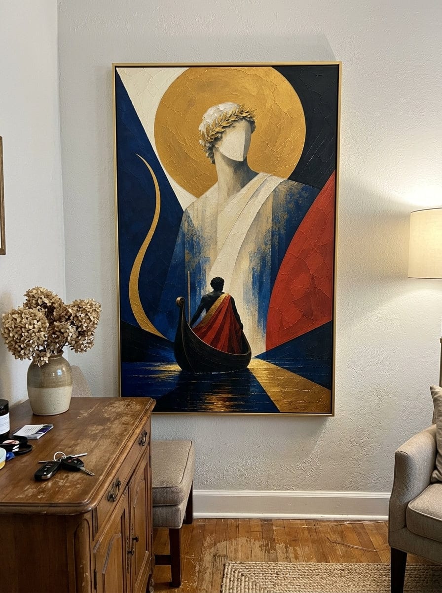 Customer photo review of "Golden Passage" - Classical Figure & Boat | Blue Red & Gold Odyssey Mythology Wall Art