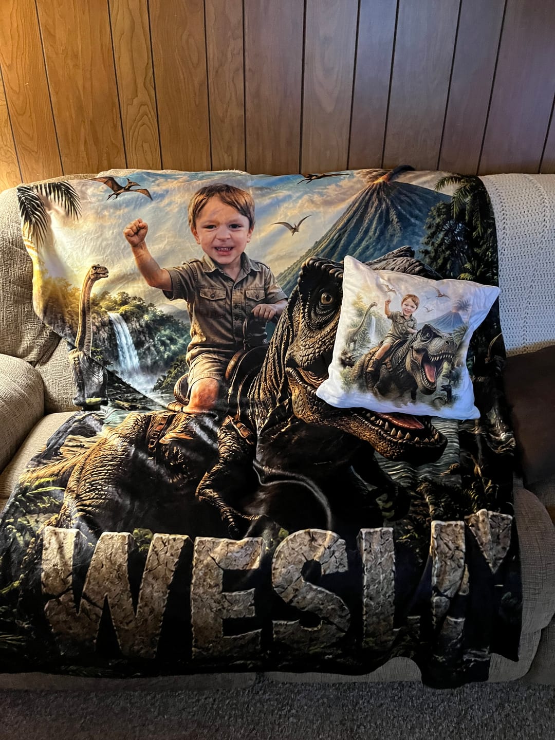 Customer photo review of Personalized Dinosaur Blanket | Their Photo, Their Adventure