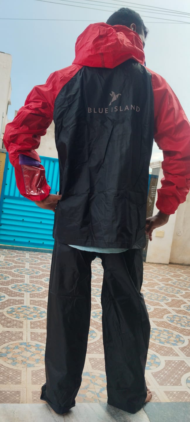 Customer photo review of Black with Wine Red - Rain Jacket with Pant and Mobile Pouch