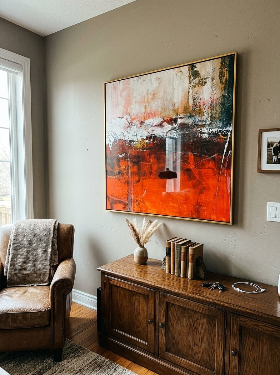 Customer photo review of "Harbor Fragments" - Colorful Impasto Abstract Painting | Blue Red & Gold Horizontal Statement Art