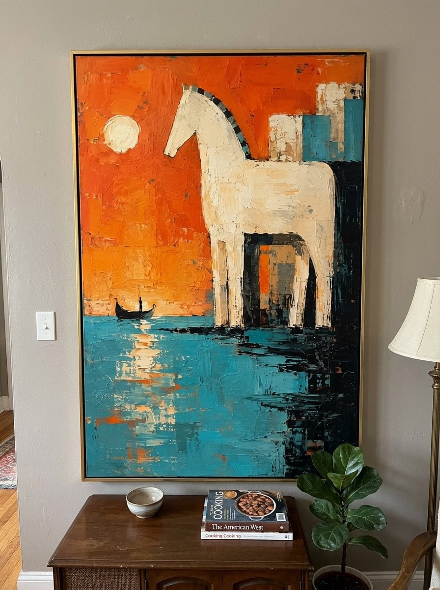 Customer photo review of "Ember Passage" - Textured White Horse & Boat | Orange Teal Mediterranean Animal Statement Art