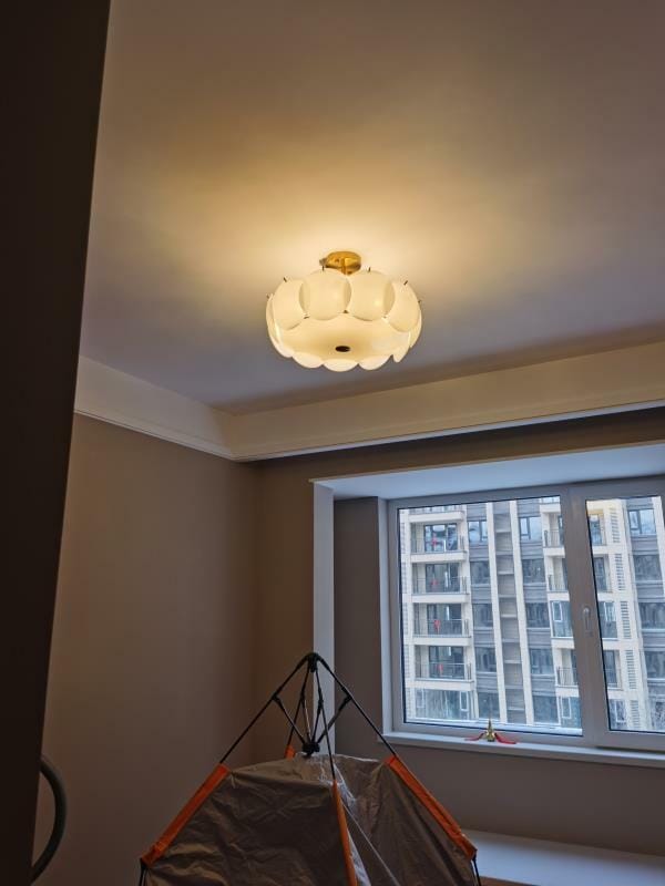 Customer photo review of Capiz Shell Chandelier, Brass Body, Layered Shades, Adjustable Chain