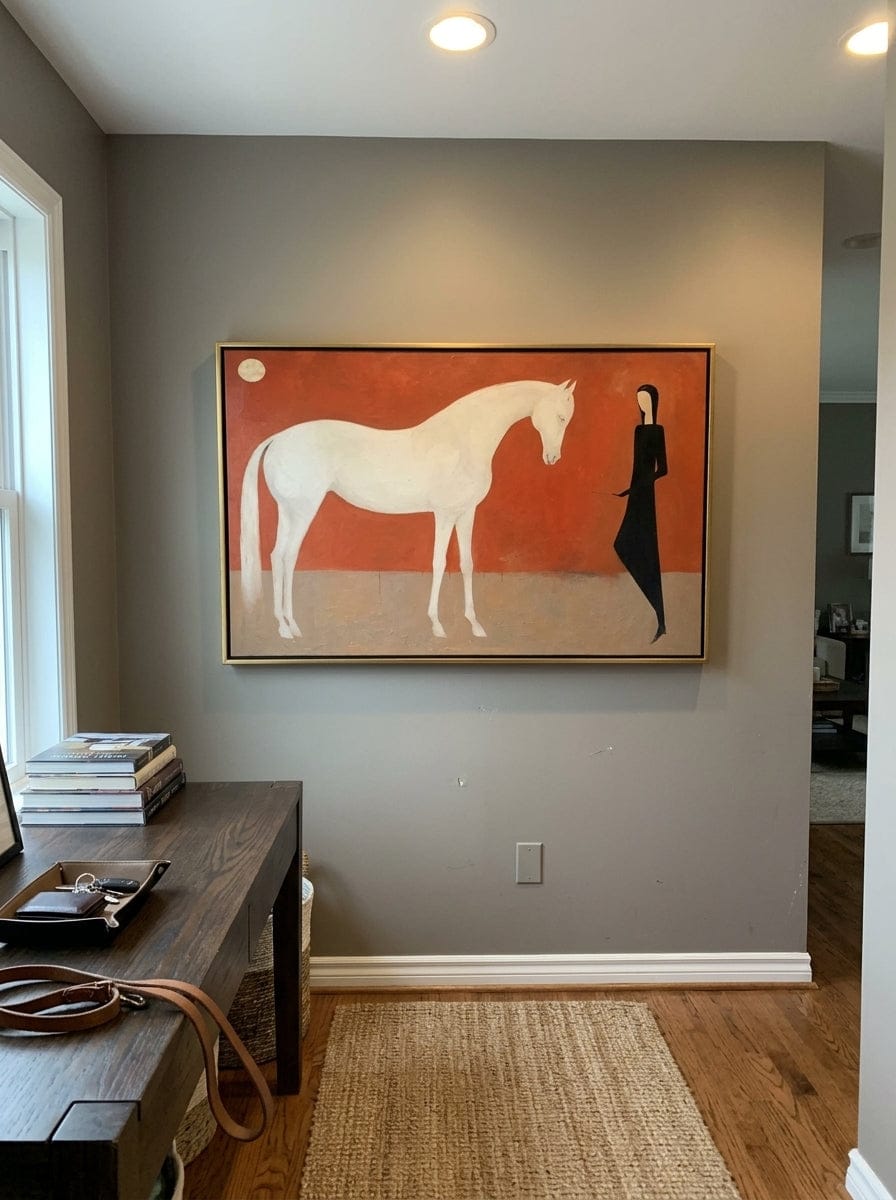 Customer photo review of "Moonlit Keeper" - White Horse & Figure Painting | Terracotta Minimalist Figurative Wall Art