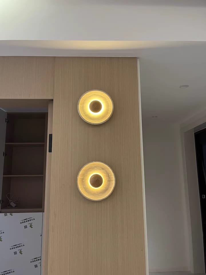 Customer photo review of Round Yellow Travertine Wall Light, Wood Base, Wall Sconce, 25 cm