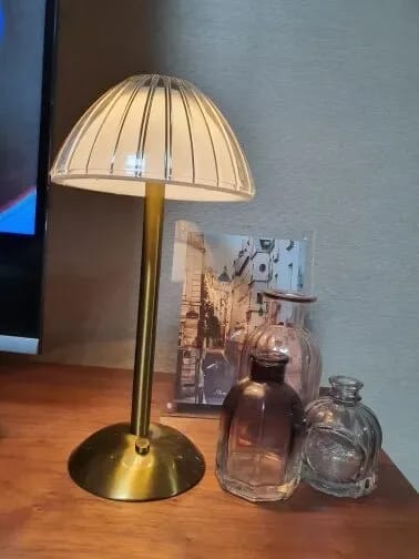Customer photo review of Cordless Table Lamp, Pleated Crystal-Look Dome, Gold Frame, 30 cm