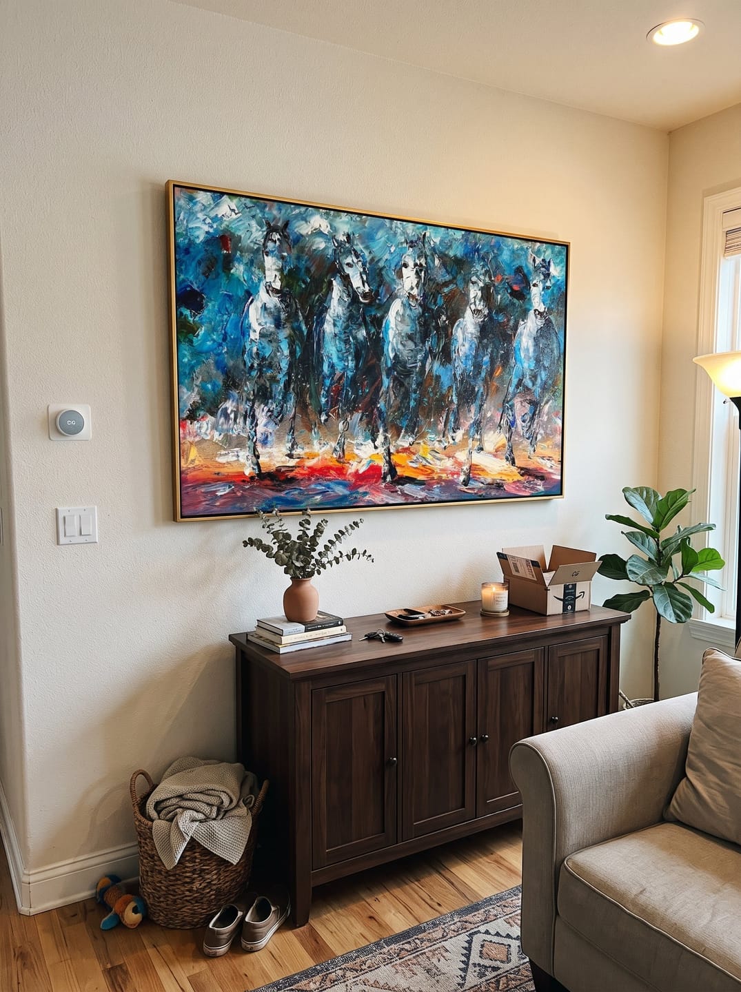 Customer photo review of "Blue Procession" - Textured White Horse Herd Painting | Blue Black & Red Horizontal Equestrian Art