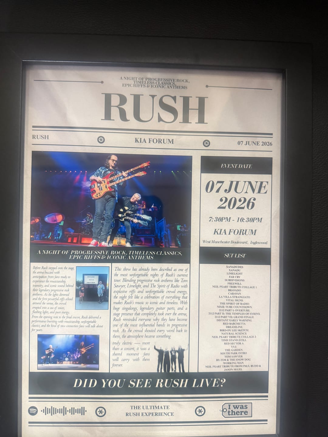 Customer photo review of Rush - Personalised Newspaper Style Concert Poster (USA Tour)