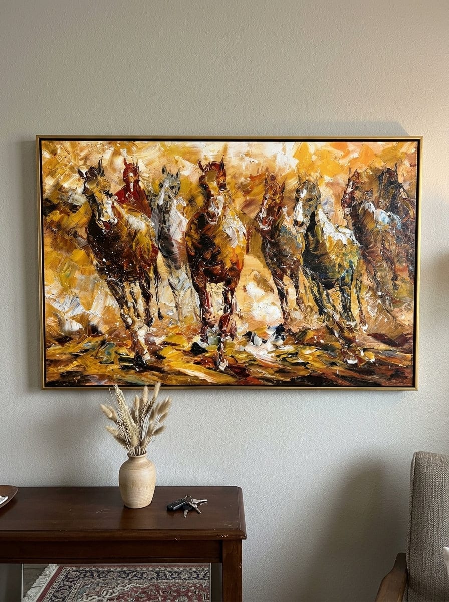 Customer photo review of "Golden Gallop" - Colorful Impasto Horse Herd Painting | Brown Gold & White Equestrian Wall Art