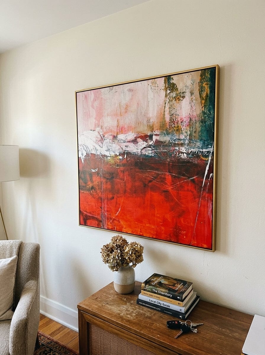 Customer photo review of "Harbor Fragments" - Colorful Impasto Abstract Painting | Blue Red & Gold Horizontal Statement Art