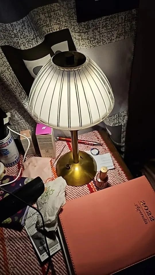 Customer photo review of Cordless Table Lamp, Pleated Crystal-Look Dome, Gold Frame, 30 cm