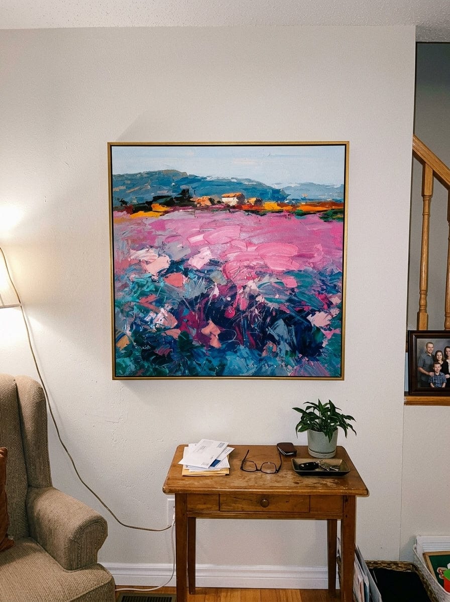 Customer photo review of "Pink Terrain" - Colorful Impasto Landscape Painting | Blue Pink & Green Square Wall Art