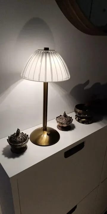 Customer photo review of Cordless Table Lamp, Pleated Crystal-Look Dome, Gold Frame, 30 cm