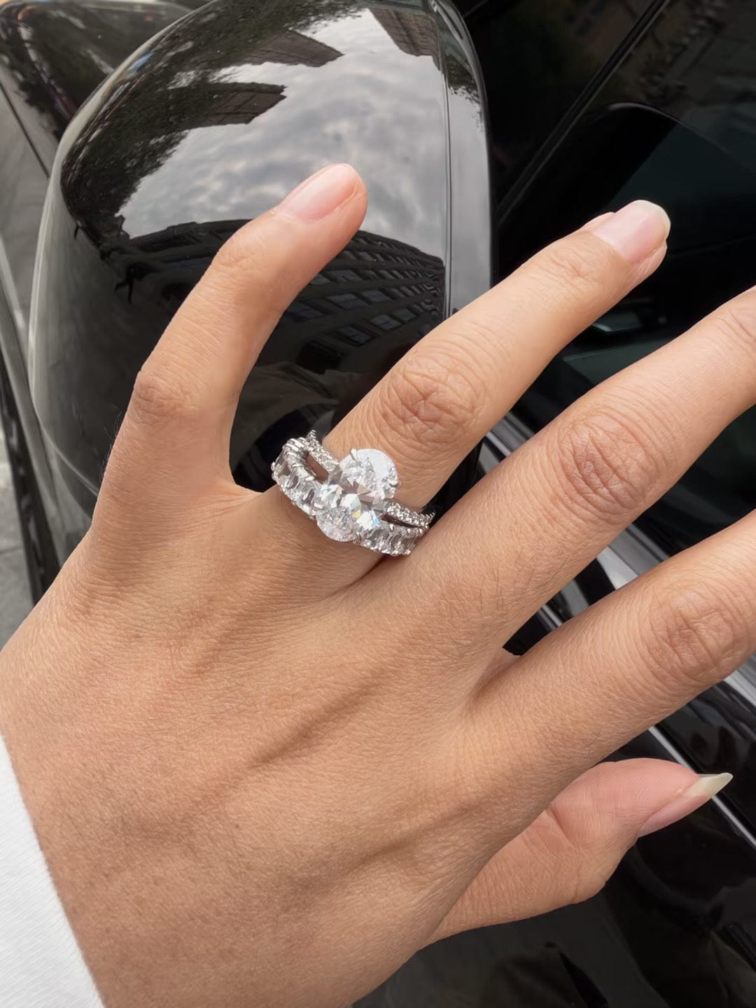Customer photo review of 2PC Hidden Halo 4.0Ct Oval Cut Ring & 3.5Ct Emerald Cut Band Stackable Statement Ring Sets