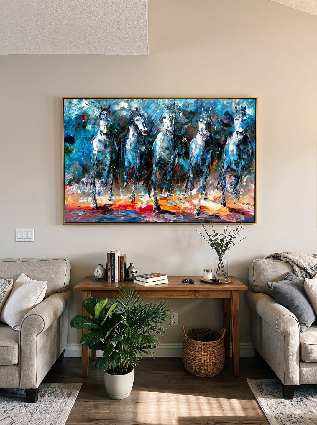Customer photo review of "Blue Procession" - Textured White Horse Herd Painting | Blue Black & Red Horizontal Equestrian Art