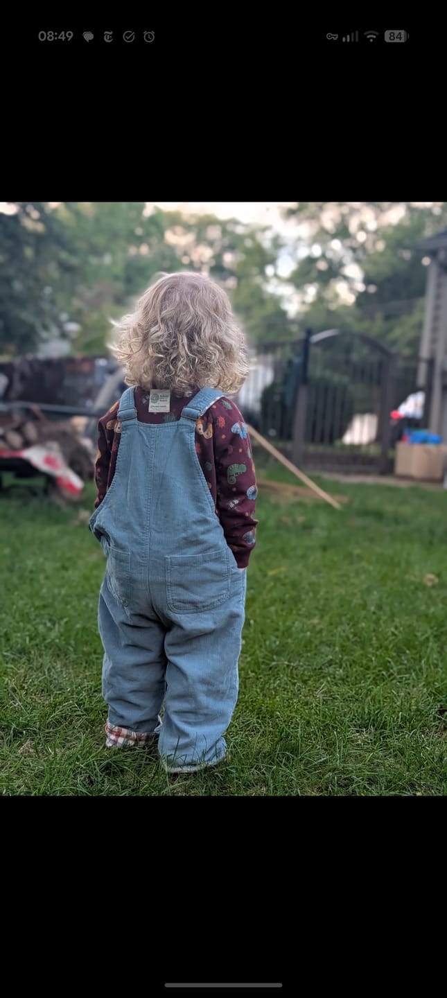 Customer photo review of Pale Blue Lined Corduroy Dungarees