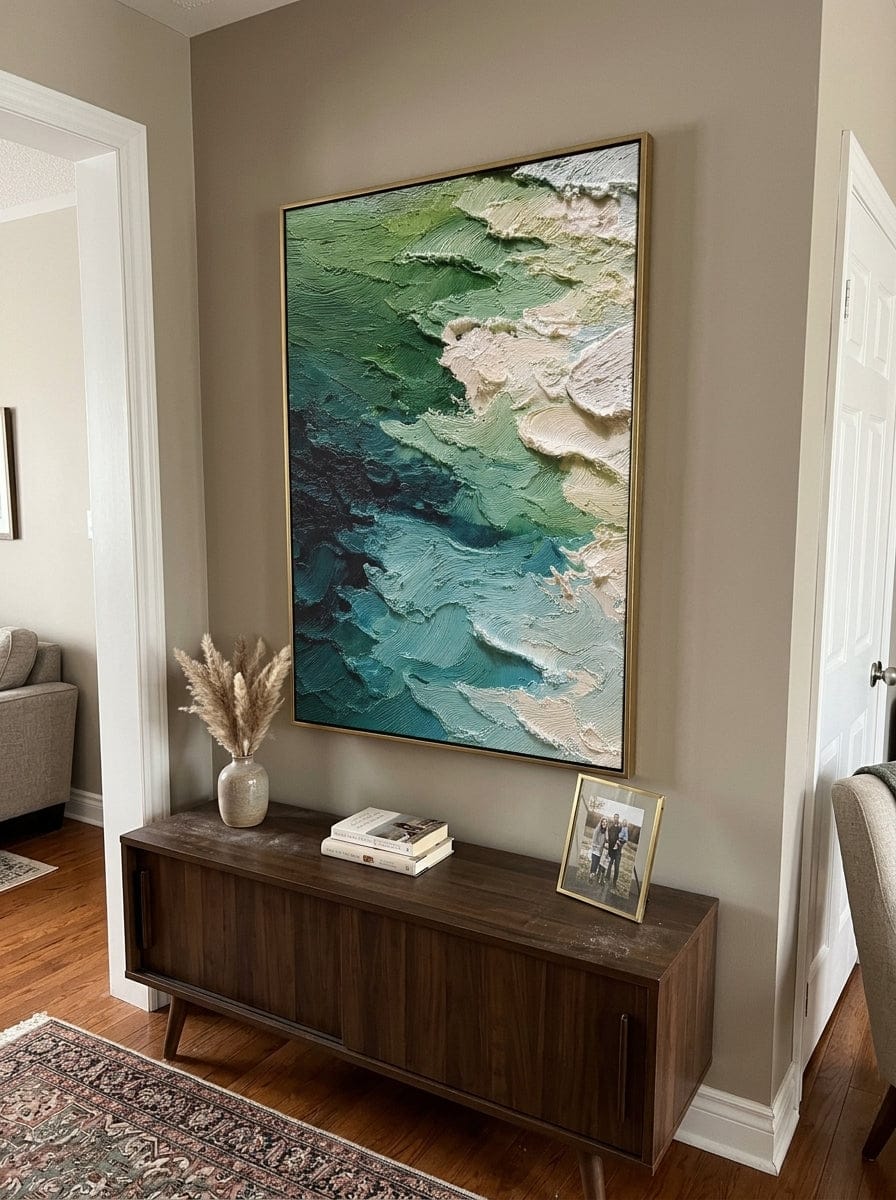 Customer photo review of "Aqua Foam Relief" - Green Blue 3D Textured Abstract Painting | Wabi-Sabi Wall Art