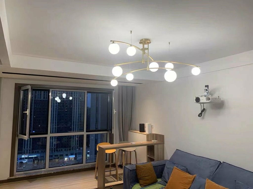 Customer photo review of Opal Glass Globe Chandelier, Branching Arms, Adjustable Rod