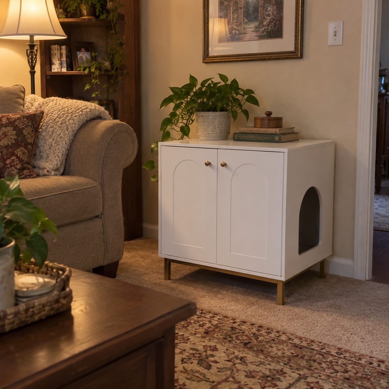 Customer photo review of Meuble cache-litière blanc et or — Kube