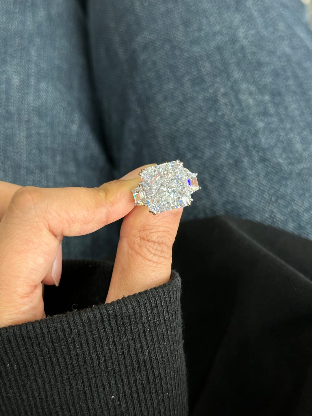 Customer photo review of 6.5/12.0Ct Radiant Cut Crushed Ice Simulated Diamond Three-Stone Engagement Travel Ring