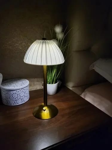 Customer photo review of Cordless Table Lamp, Pleated Crystal-Look Dome, Gold Frame, 30 cm
