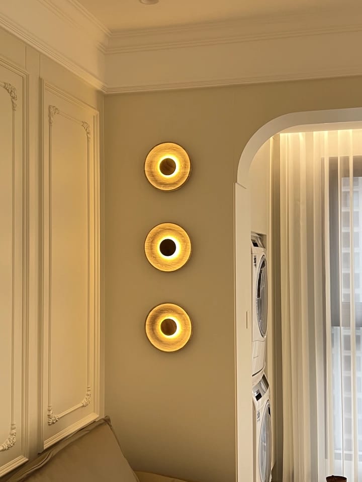 Customer photo review of Round Yellow Travertine Wall Light, Wood Base, Wall Sconce, 25 cm