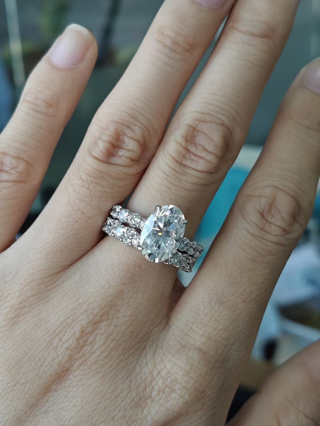 Customer photo review of 4.0Ct Oval Cut Engagement Ring With Round Cut Full Wedding Band Stackable Travel Ring