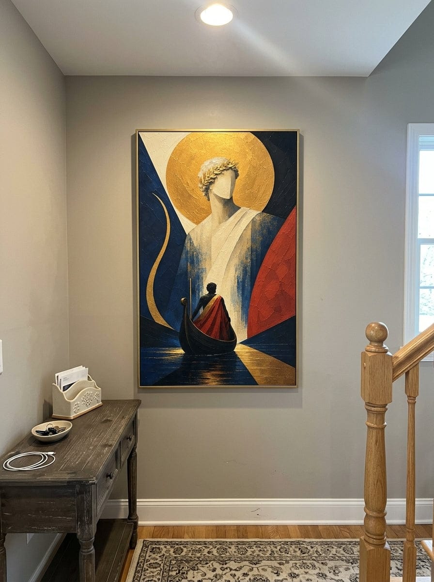 Customer photo review of "Golden Passage" - Classical Figure & Boat | Blue Red & Gold Odyssey Mythology Wall Art