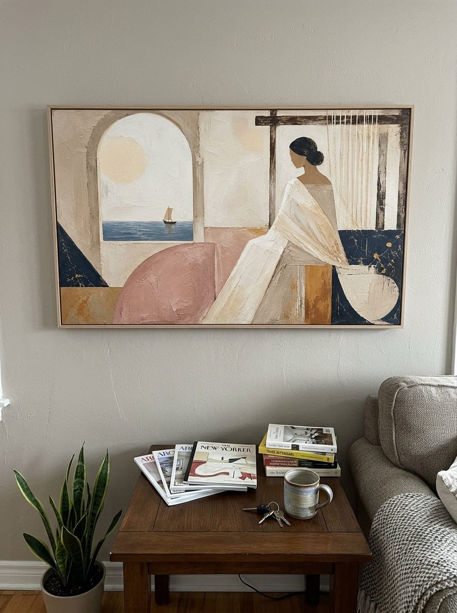 Customer photo review of "Harbor Reverie" - Minimalist Seated Woman & Sailboat | Beige Pink & Navy Mediterranean Coastal Wall Art